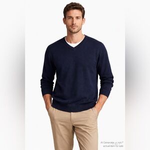 Kella Large Merino Wool V-Neck Sweater Navy Soft Ribbed Knit